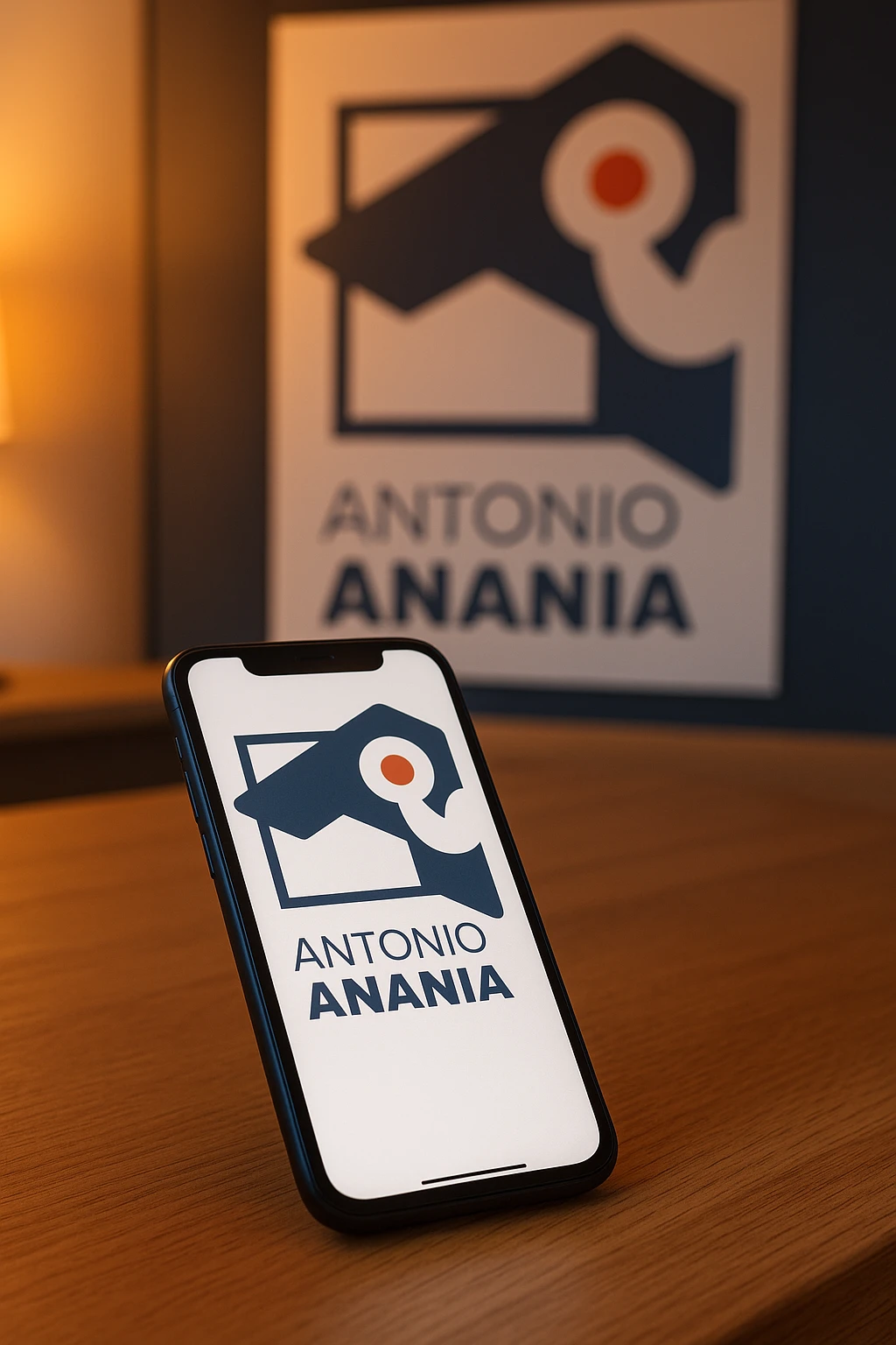 A photo of an iPhone on the desk with the logo of "Antonio Anania" on its screen, The phone sits atop a desk with a blurred with the logo in the background that suggests work environment. A faint glow from above casts gentle shadows across the surface of each object, creating depth and highlighting their textures emoji