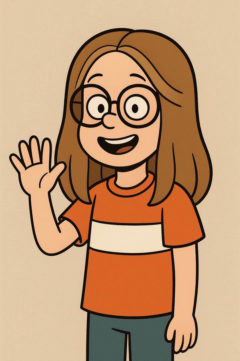 Little girl Gloria Steinem red Orange white shirt a hand hello  emoji