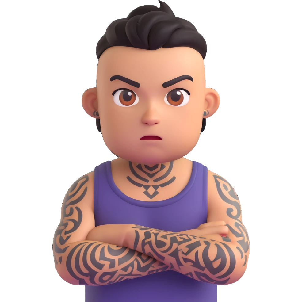 Make the person look like a gang member with visible tattoos and a tough expression, same 3D emoji style, no background. emoji