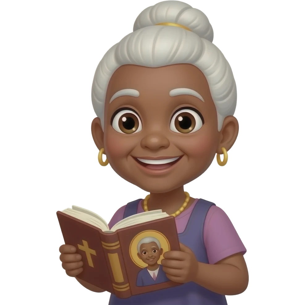 wise-old-woman-with-white-hair-in-a-bun-black-skin-smile-with-book-that-has-a-cross-on-it emoji