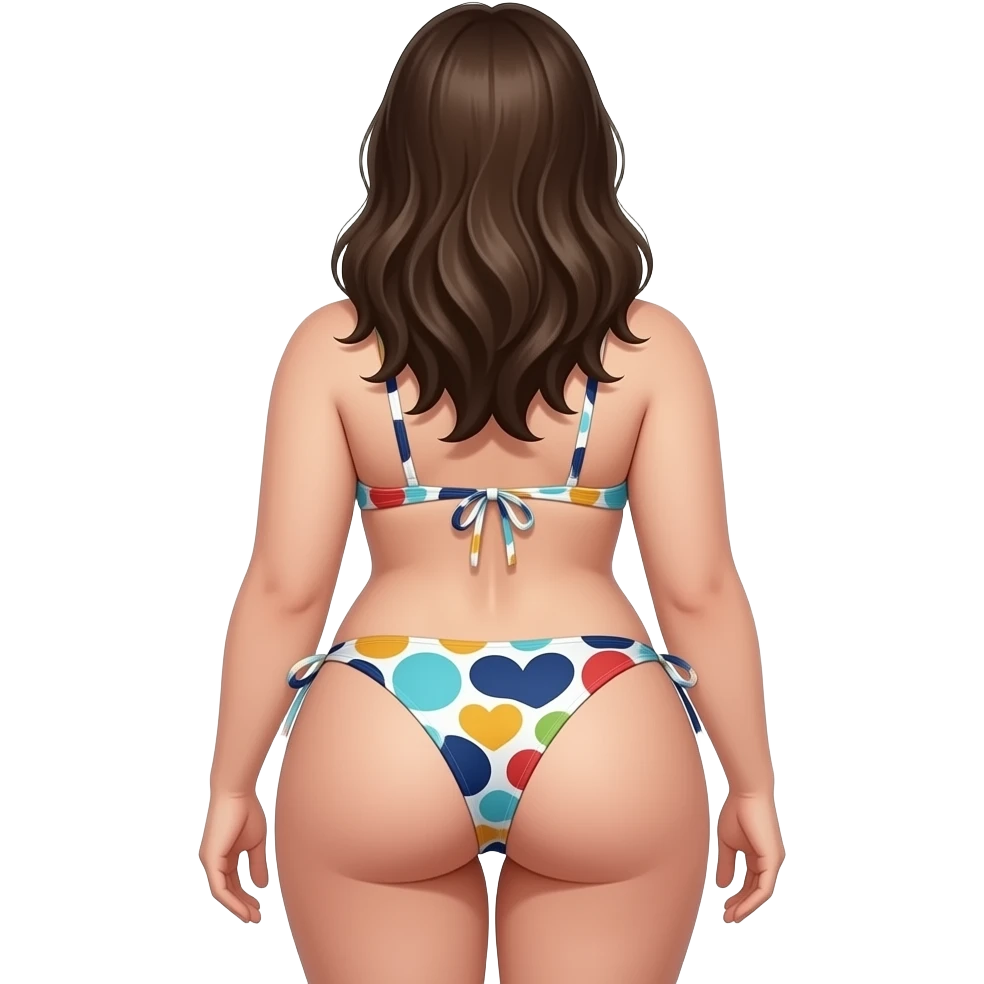 emoji style girl from behind wearing bikini, curvy body, head in front  detailed hair, emphasized hips, standing pose, slightly arched back, soft shading, high detail, sticker style, clean background emoji