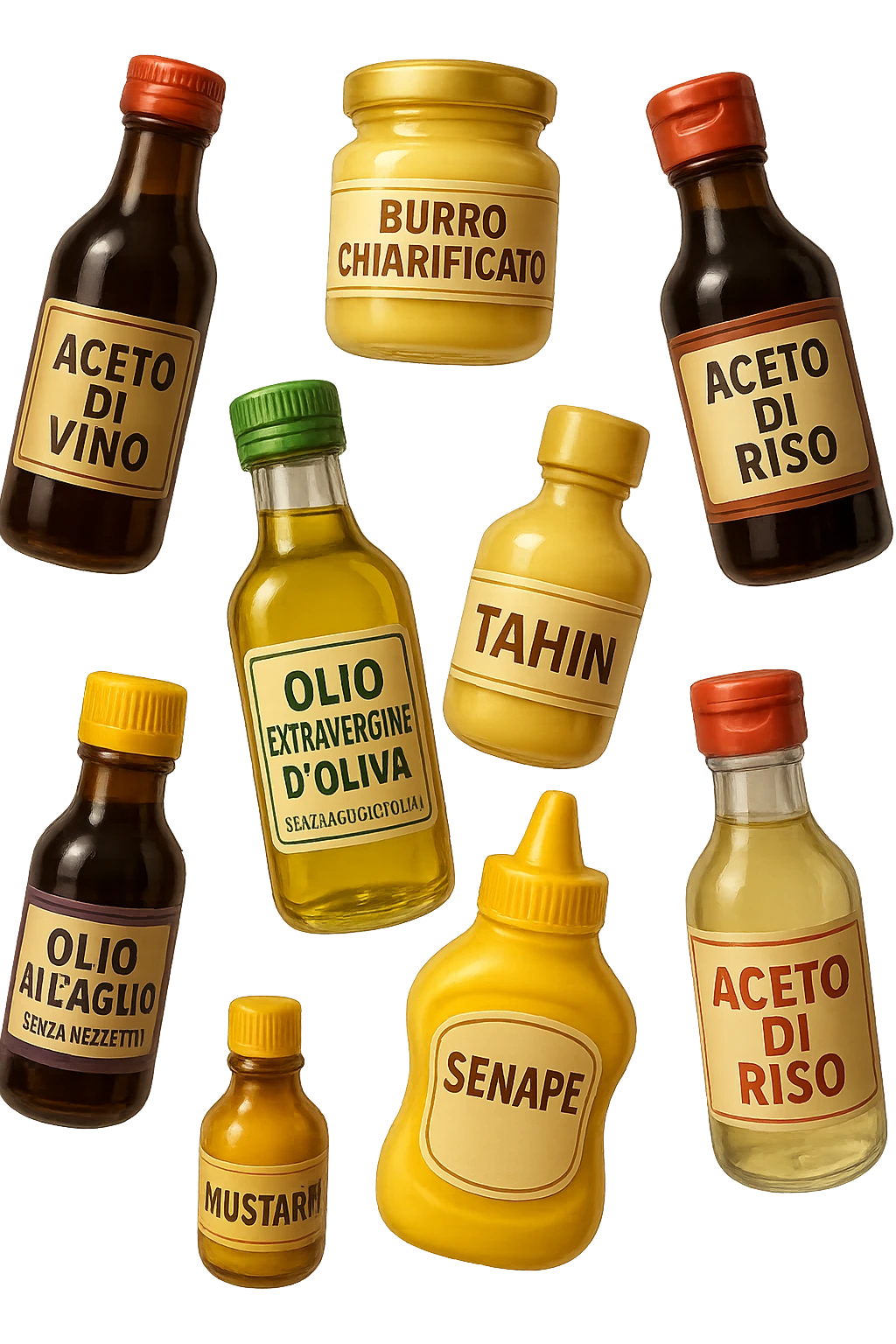 emoji stile iphone 3d di questi elementi che fluttuano in aria sparsi casualmente:

Olio extravergine d’oliva, burro chiarificato
Olio all’aglio (senza pezzetti)
Aceto di vino, aceto di riso, senape, tahin
Salsa di soia fermentata (senza aglio/cipolla)


 che fluttuano sparse casualmente in aria, le etichette dei prodotti scrivile in italiano, iperealistico 4k emoji