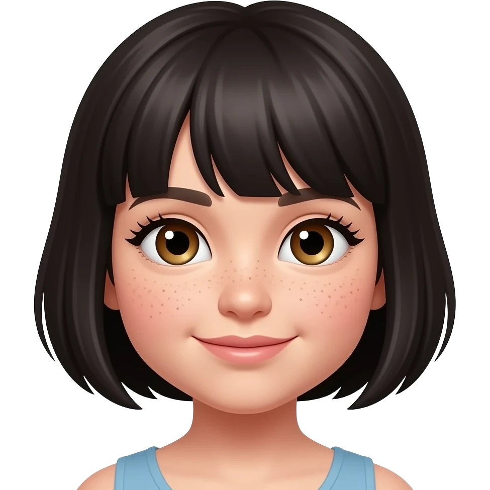 very short dark hair little bit chubby hazel eyes long lashes some freckles emoji