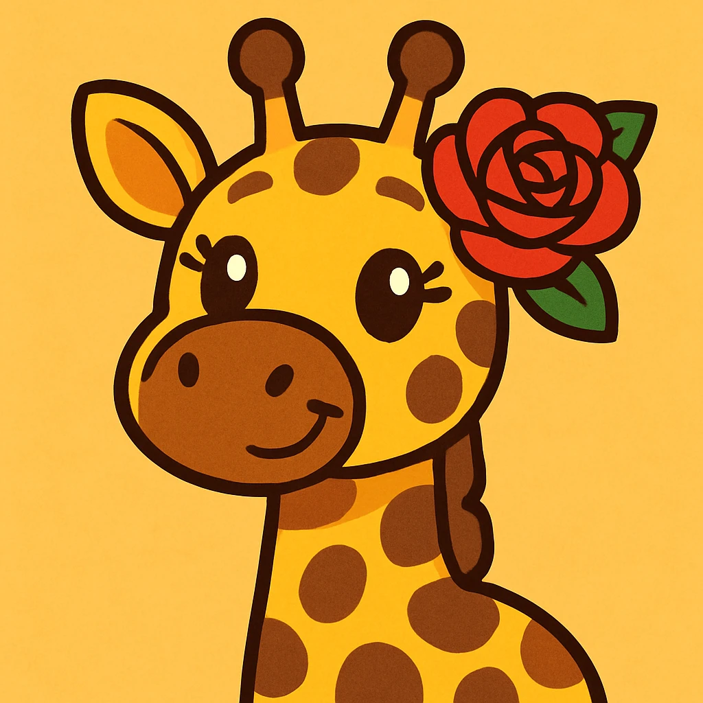 a cute giraffe with a red rose behind her ear, playful cartoon style emoji