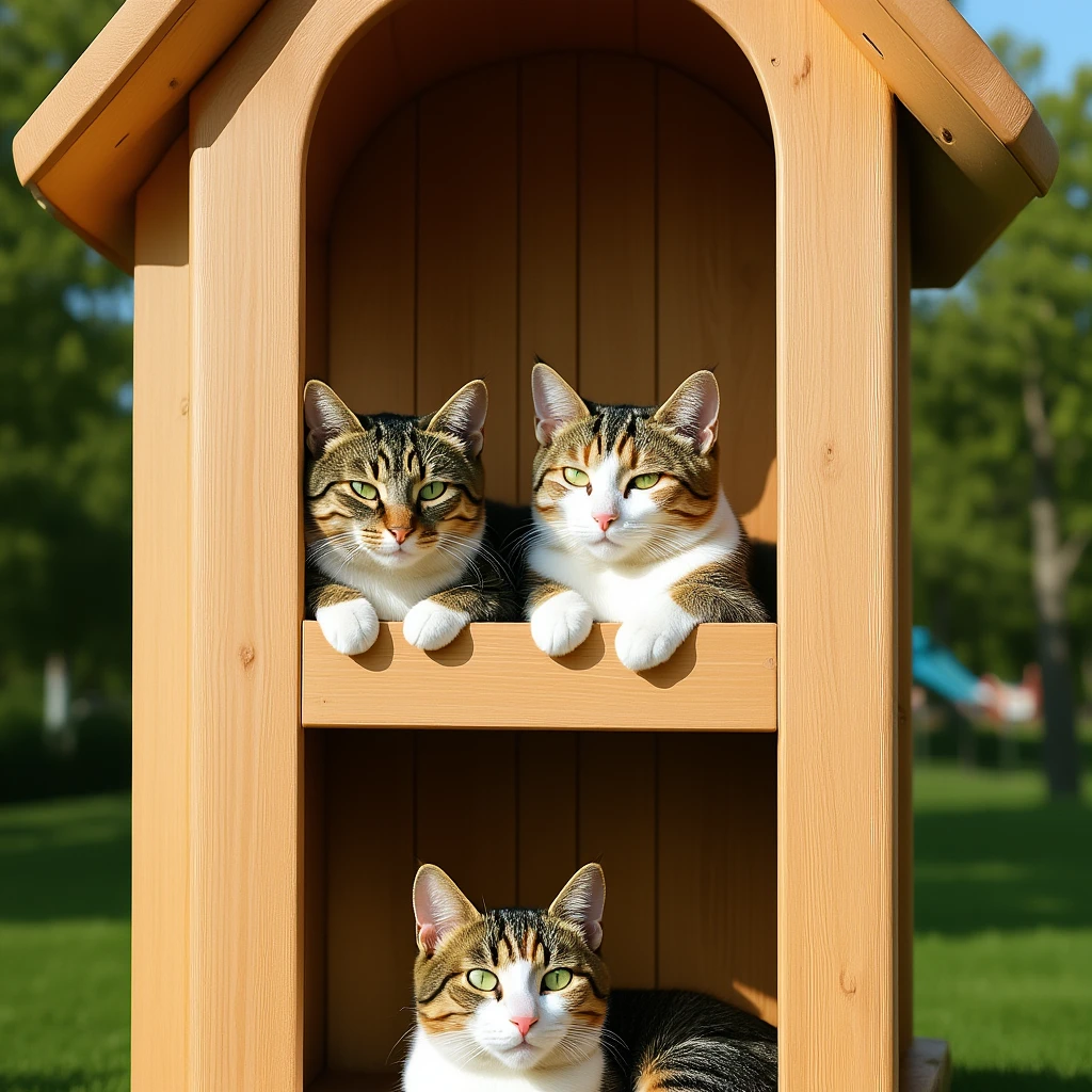 cats relaxing in a vertical playhouse emoji