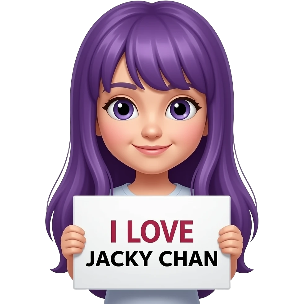 girl with long purple hair holding a I LOVE JACKY CHAN sign emoji