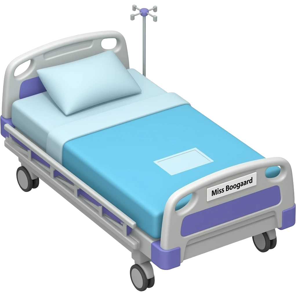 Blue and purple hospital bed with name Miss Boogaard emoji
