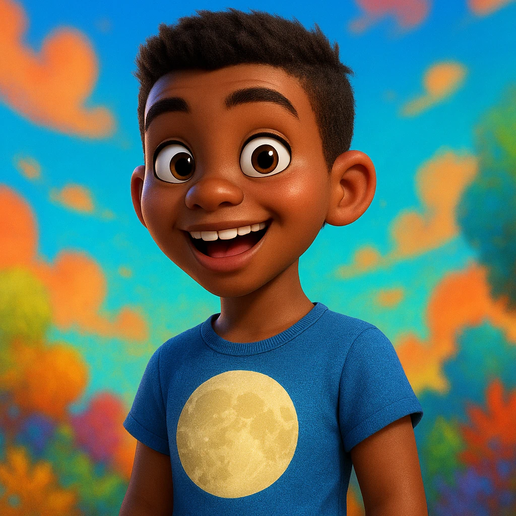 Pixar style young dark-skinned girl with short masculine hair, wearing a t-shirt with a moon design emoji