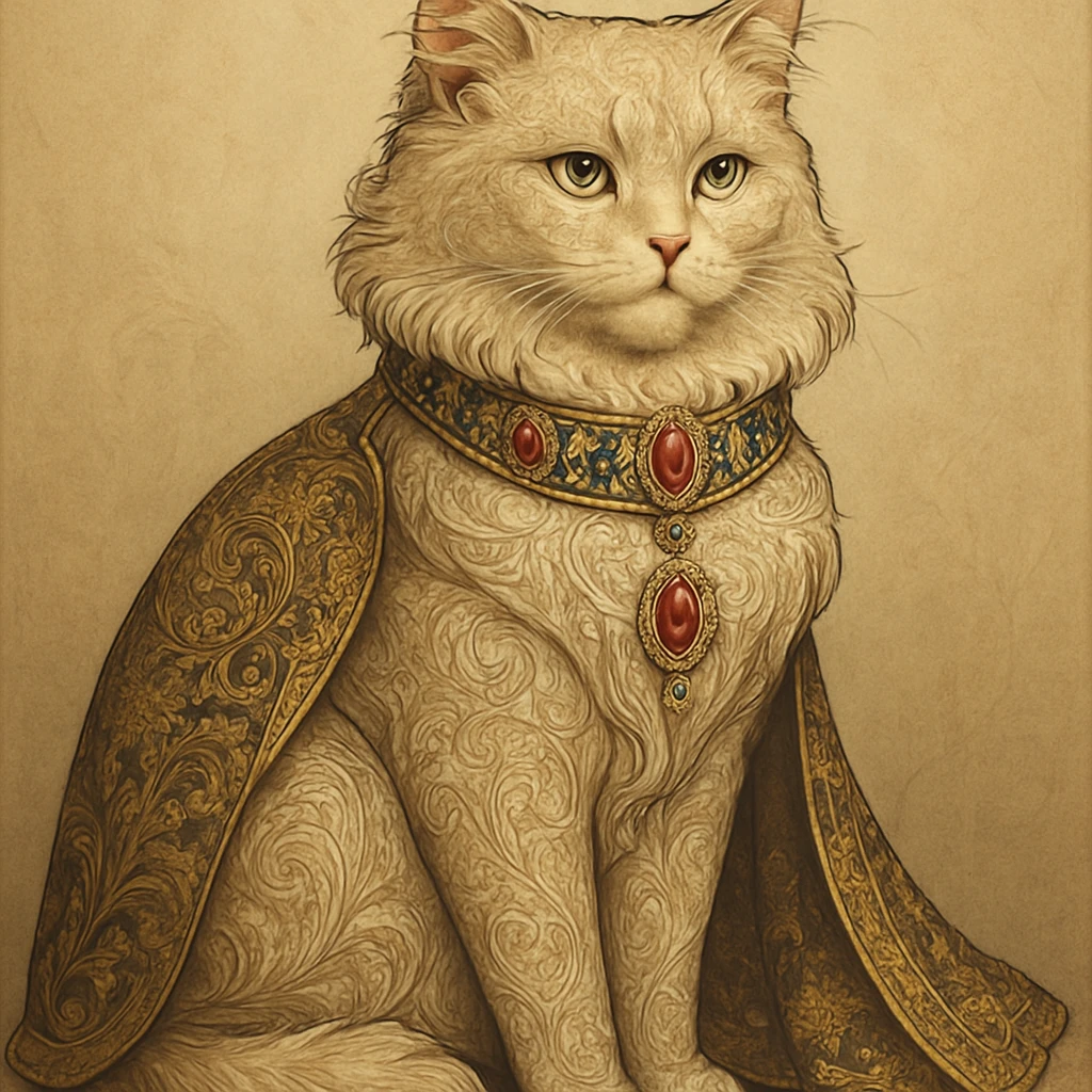 fancy cat, elegant, detailed, intricate patterns, regal pose, luxurious fur, ornate accessories, in a sophisticated style emoji
