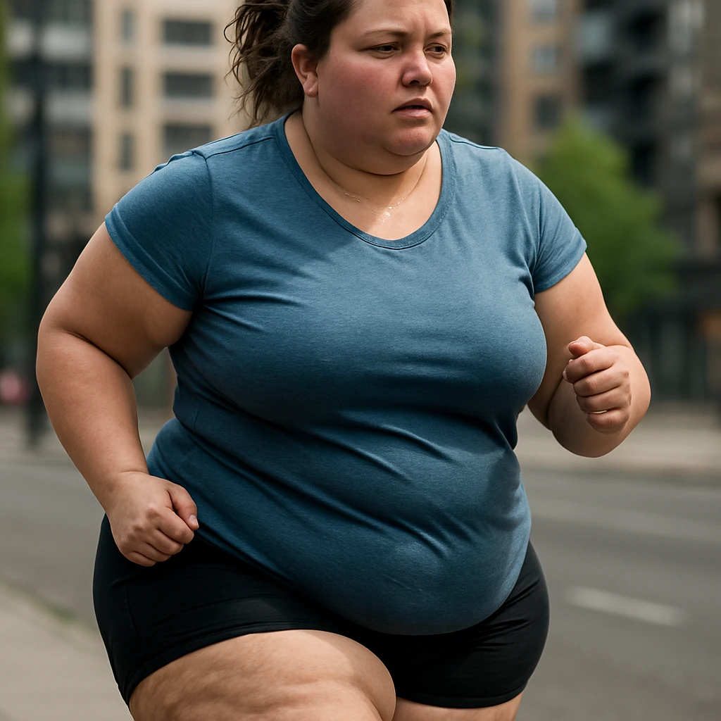 overweight woman running outdoors, stubborn fat on legs and thighs, hyper realistic 4K style, realistic details, urban background emoji