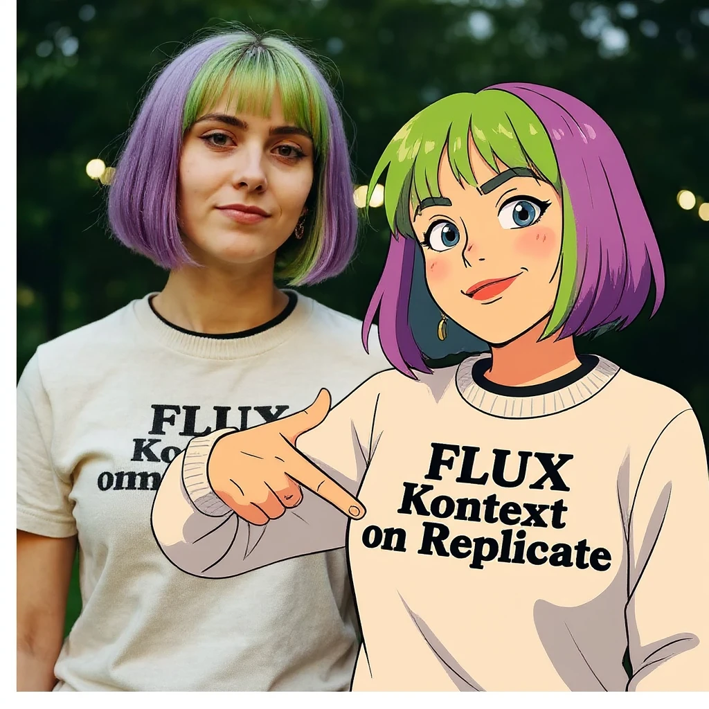 make a image of a girl with a anime version of that girl beside her wearing tshirt with text of just "FLUX Kontext" nothing else emoji