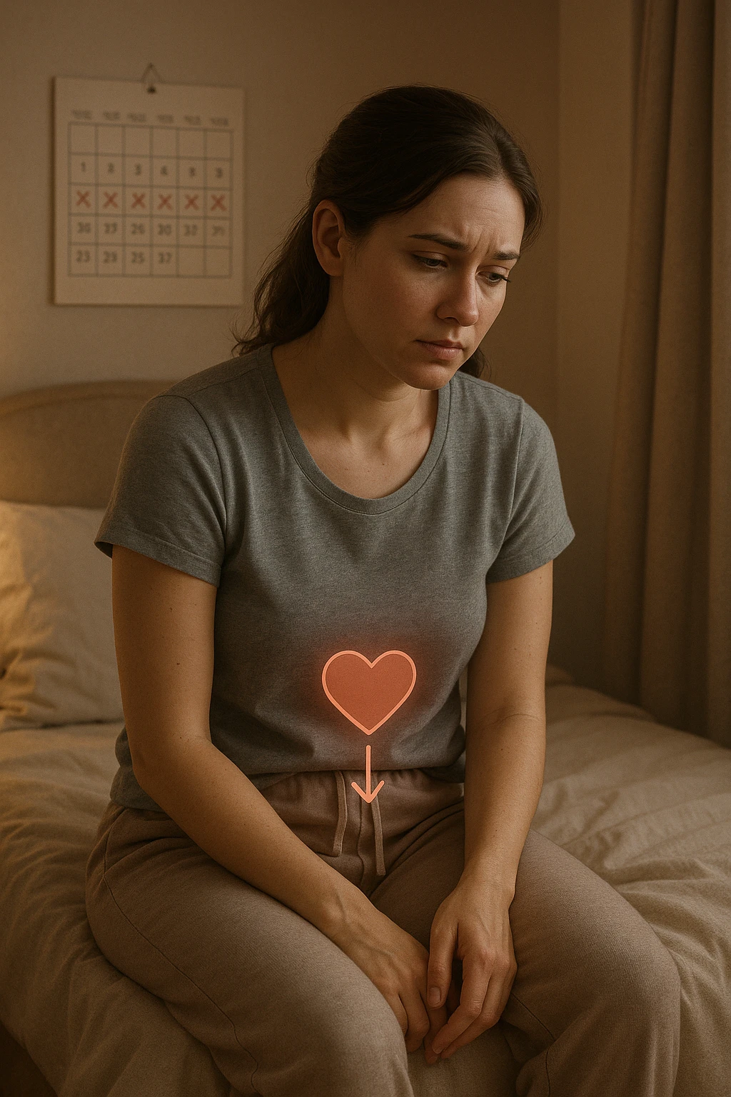 3D realistic medical illustration: a young woman in her 20s or 30s sits on the edge of a bed in a softly lit bedroom, looking thoughtful and slightly concerned. She wears comfortable loungewear, her posture is slouched, and her expression is subdued. Subtle visual cues—such as a faded calendar with missed menstrual cycles and a dimmed heart or energy icon near her abdomen—symbolize low libido and amenorrhea. The scene is realistic, intimate, and empathetic. emoji