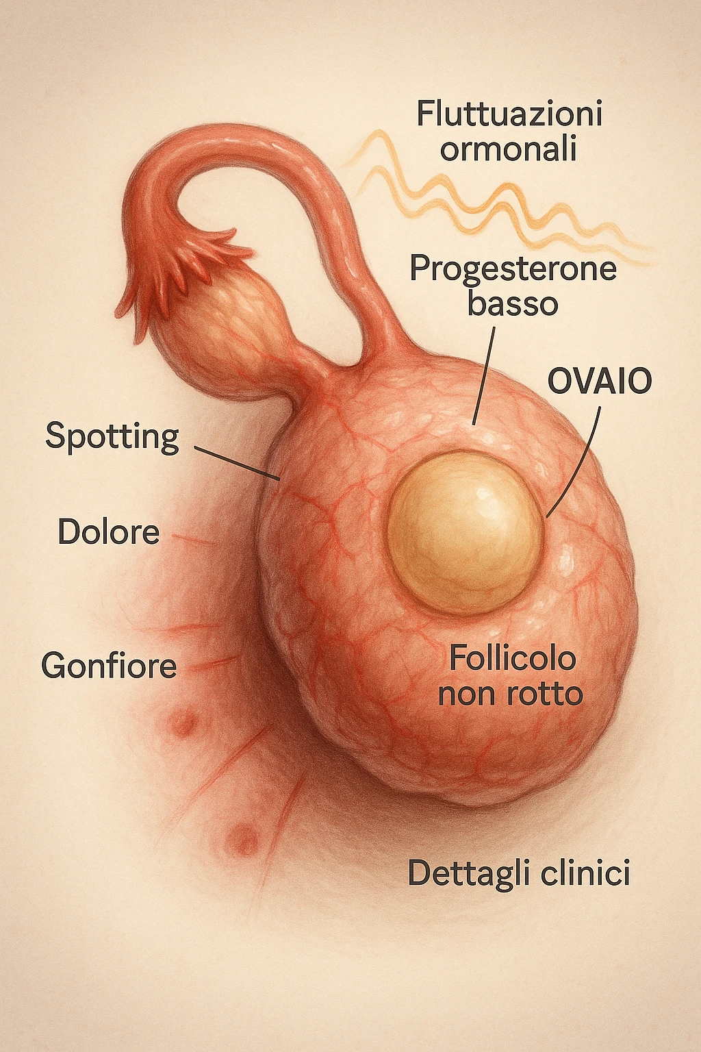 realistic and cinematic illustration of an ovary with an unruptured follicle, low progesterone, hormonal fluctuations, symptoms of spotting, pain and swelling, clinical details, captions in Italian emoji