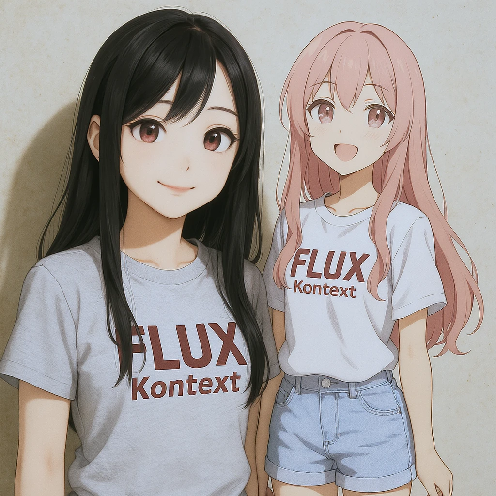 make a image of a girl with a anime version of that girl beside her wearing tshirt with text of FLUX Kontext emoji