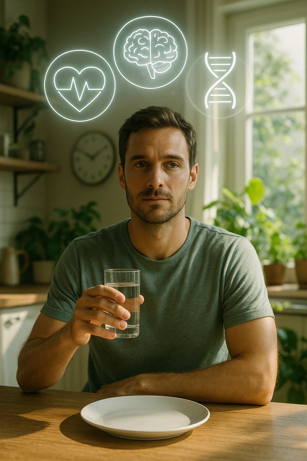 A realistic, cinematic illustration of a healthy, calm man in his early 30s sitting in a bright kitchen in the morning, with an empty plate in front of him and a glass of water in his hand, looking serene and focused. Behind him, the background shows subtle symbols of health: green plants, sunlight streaming in, and a blurred wall clock showing 10:00, symbolizing the fasting window. Above the man, a translucent overlay of medical icons (heart, brain, DNA strand) glows softly, illustrating that intermittent fasting acts as a powerful medicine, not merely a diet. The color palette is fresh and natural, emphasizing health, clarity, and focus. The style is realistic with slight cinematic tones, conveying that the man is using intermittent fasting as a tool for cellular regeneration, inflammation reduction, and health optimization rather than weight loss emoji