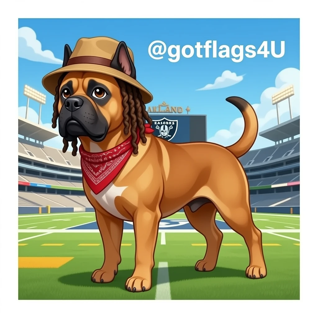 A cane Corso fawn color clipped ears, chopped tail , as Roman war dog standing in front of the Oakland Raiders stadium with 2 pac with his eye ironic red bandanna tide on his head, the hip-hop, rapper, iconic, dreadlocks, and bucket hatstanding in the background  @gotflags4U in graffiti in the sky emoji