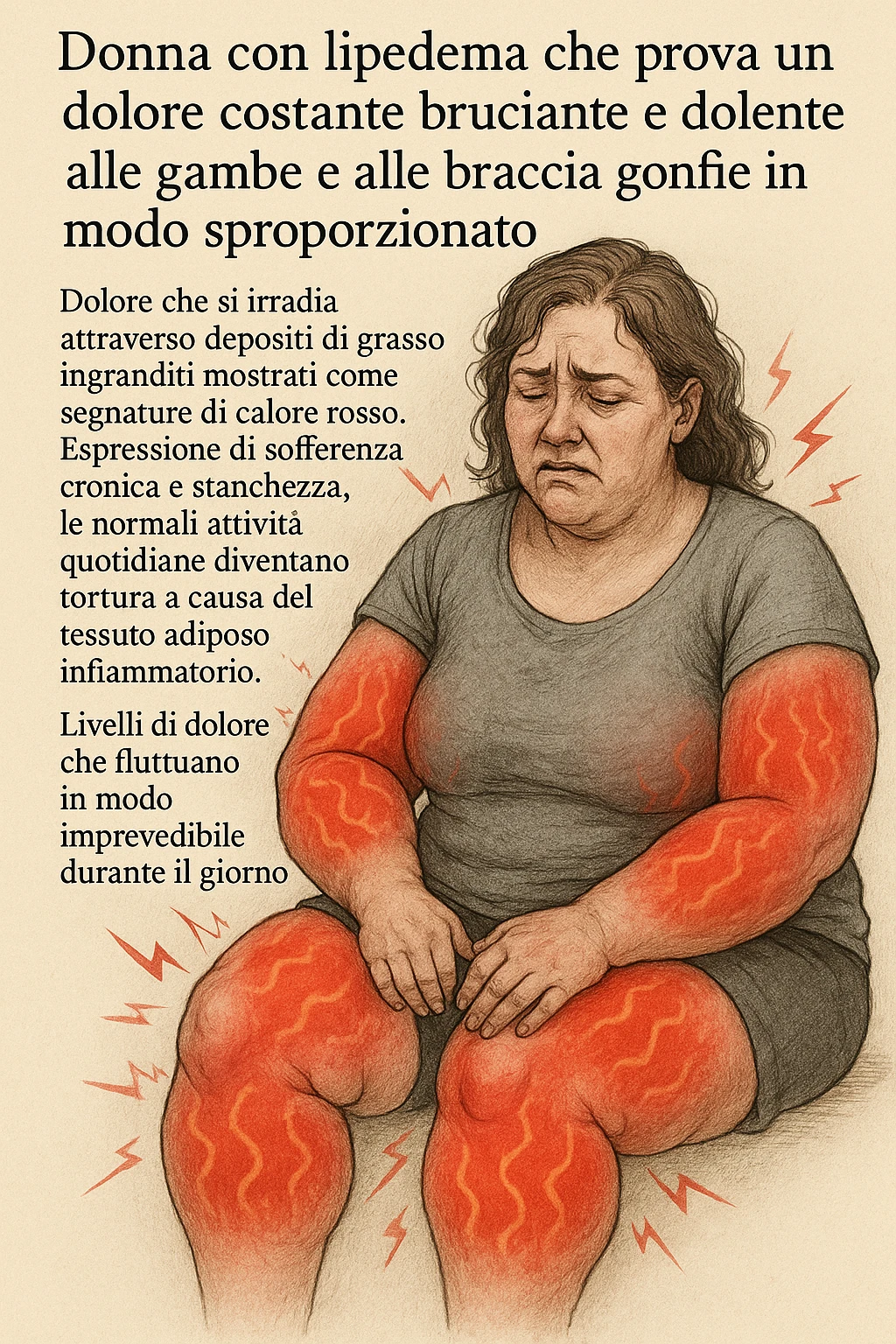 "Woman with lipedema experiencing constant burning and aching pain in disproportionately swollen legs and arms, pain radiating through enlarged fat deposits shown as red heat signatures, expression of chronic suffering and exhaustion, normal daily activities becoming torture due to inflammatory adipose tissue, pain levels fluctuating unpredictably throughout the day" scritte in italiano emoji