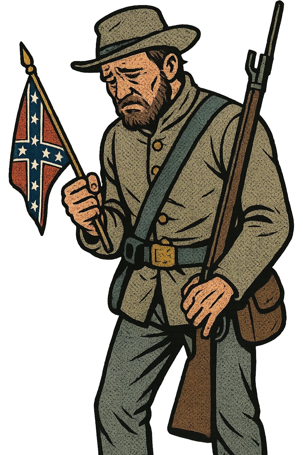 The full body of a Confederate soldier from the American Civil War holding a small confederate flag and his rifle. He is looking defeated. emoji