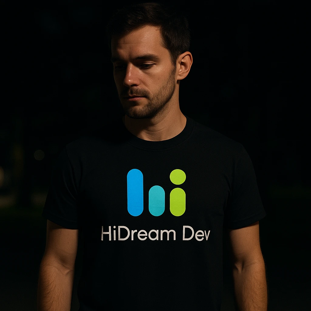 man wearing tshirt with this logo, dark night background with dim  emoji