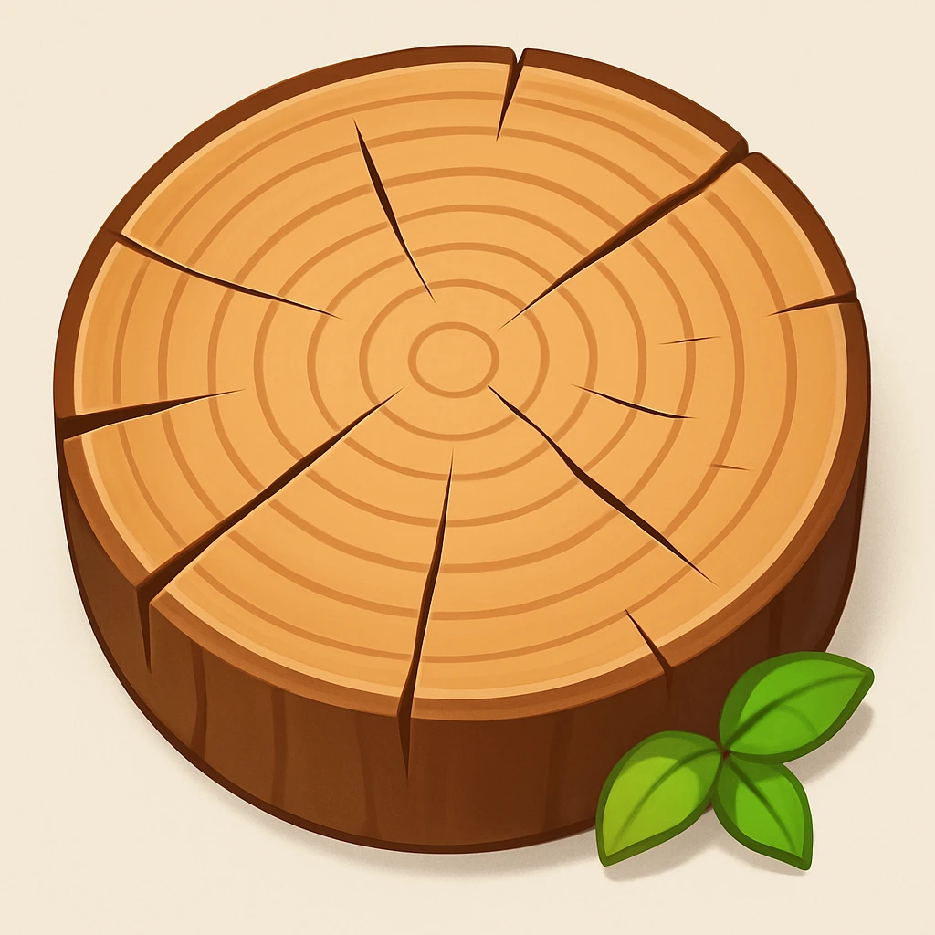 Create a top view of this tree stump, keeping the same wood pattern, color, and cartoon style as the reference image. Variant 2. emoji