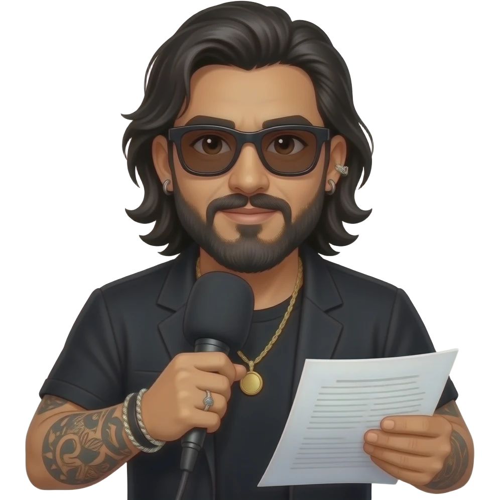 The handsome manly Latino podcast host with medium length hair, a long slightly graying beard and tattoos with his ears pierced 1 time each ear and a nose ring on the right side, dark brown eyes, wearing black, super dark sunglasses, jewelry, getting a divorce emoji
