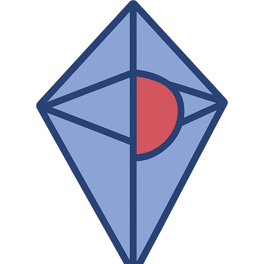 Reimagine the No Man's Sky logo in a minimalistic, flat blue style consistent with previous icons in this style. Use almost exclusively shades of blue for the diamond shape, but keep the red semicircle (Atlas) intact. Clean, simple lines, fully transparent background, minimal use of other colors, prioritize clarity and recognizability. emoji