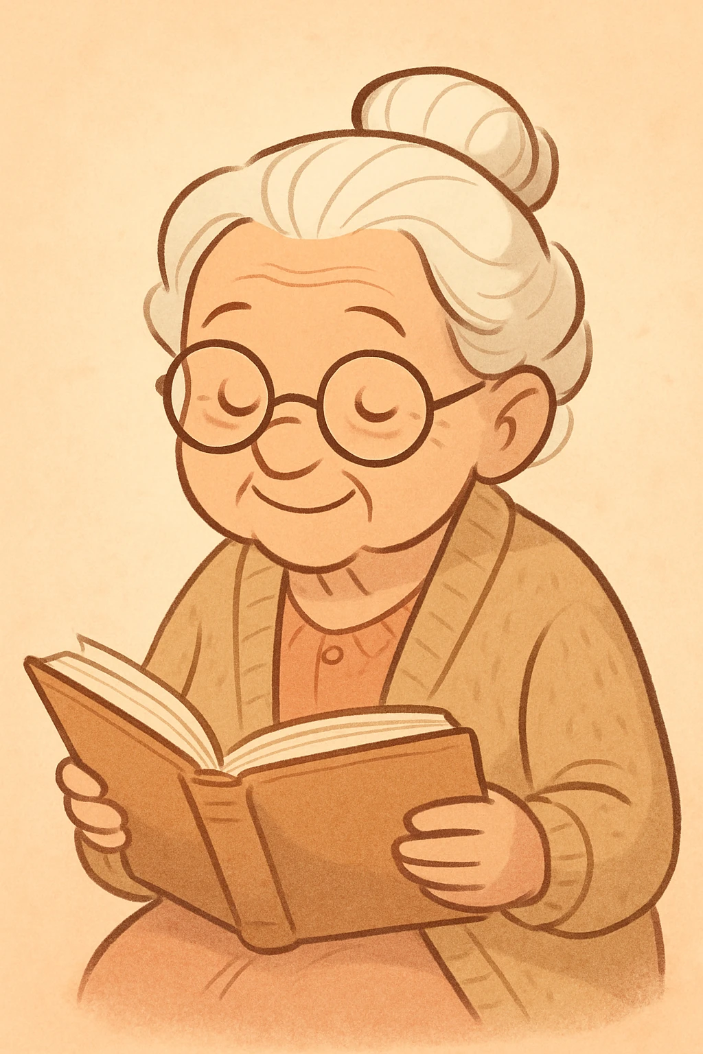 a very old lady grandma wearing glasses reading a book warm cardigan soft colors cartoon style emoji