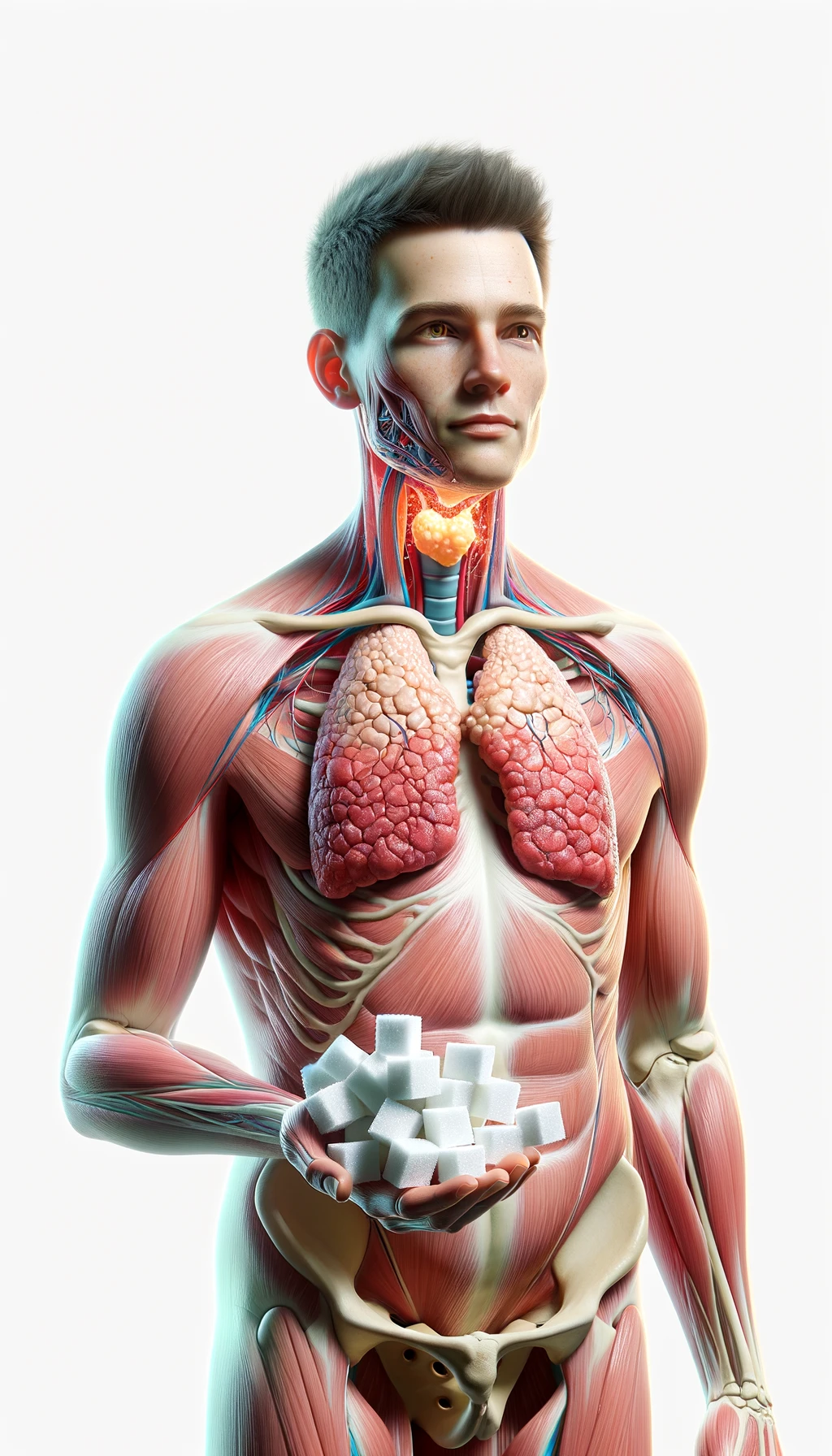 corpo umano anatomico con capelli corti a figura intera fino alle ùginocchia, tiroide infiammata in evidenza, tiene in mano una manciata di zollette di zucchero, iperrealistica 4k, isolato su sfondo bianco emoji