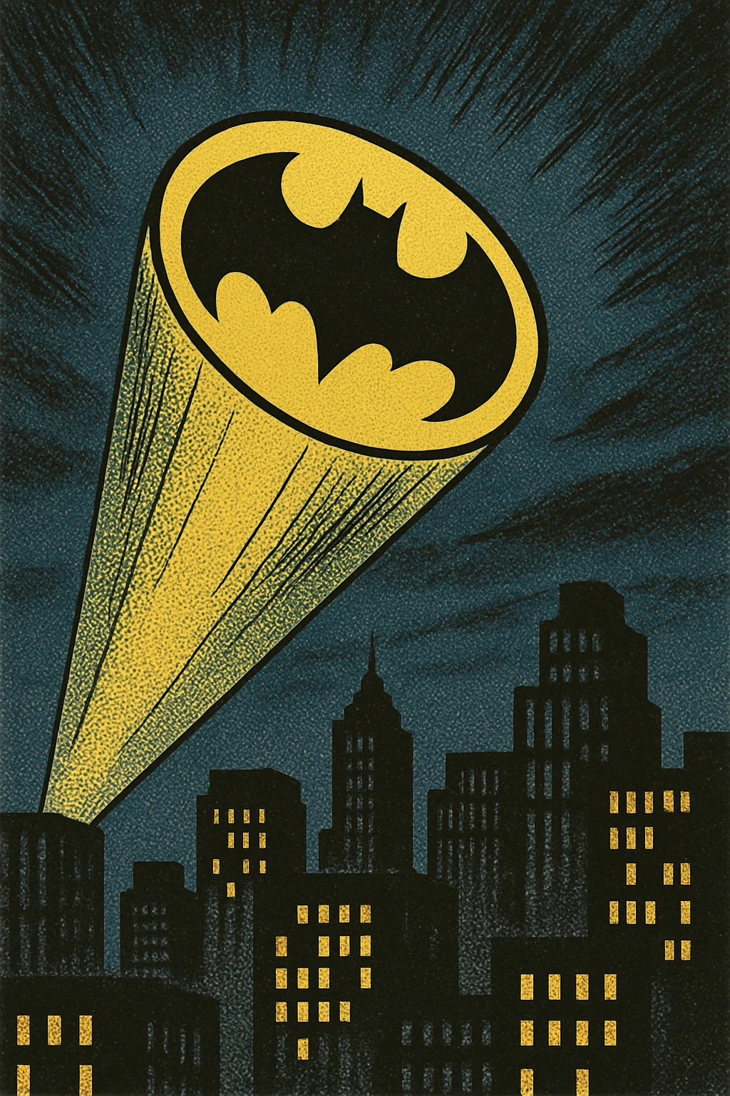 bat signal, comic book style, bold lines, city skyline emoji