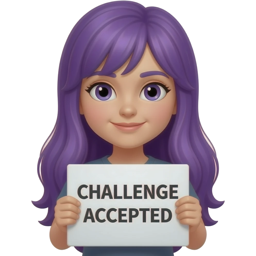 girl with long purple hair with a CHALLENGE accepted sign emoji