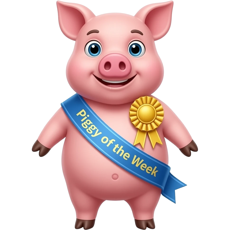 Pig standing up wearing first place ribbon and a sash that says “Piggy of the Week” emoji