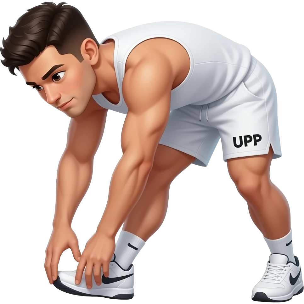 guy-in--white shorts --white-tank top-and-shorts-standing-up, bending down / over to streth and touch his toes of both his feet. feet are together / touching not spread apart. with "UPP" written-on-his-shorts in black. white gym shoes emoji