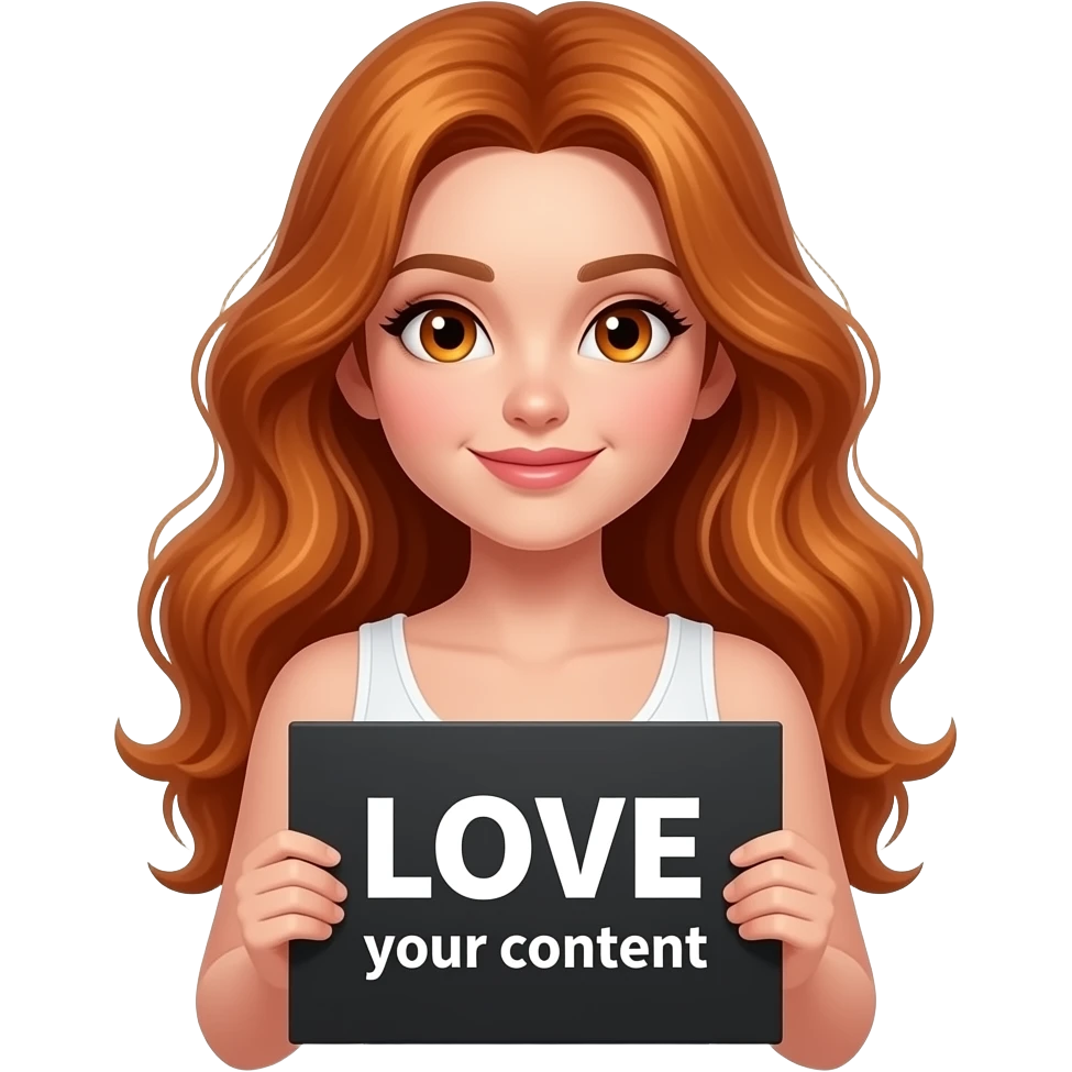 sexy girl with long wavy ginger hair and ginger eyes wearing a white tanktop is holding a black colored sign with LOVE your content written on it emoji