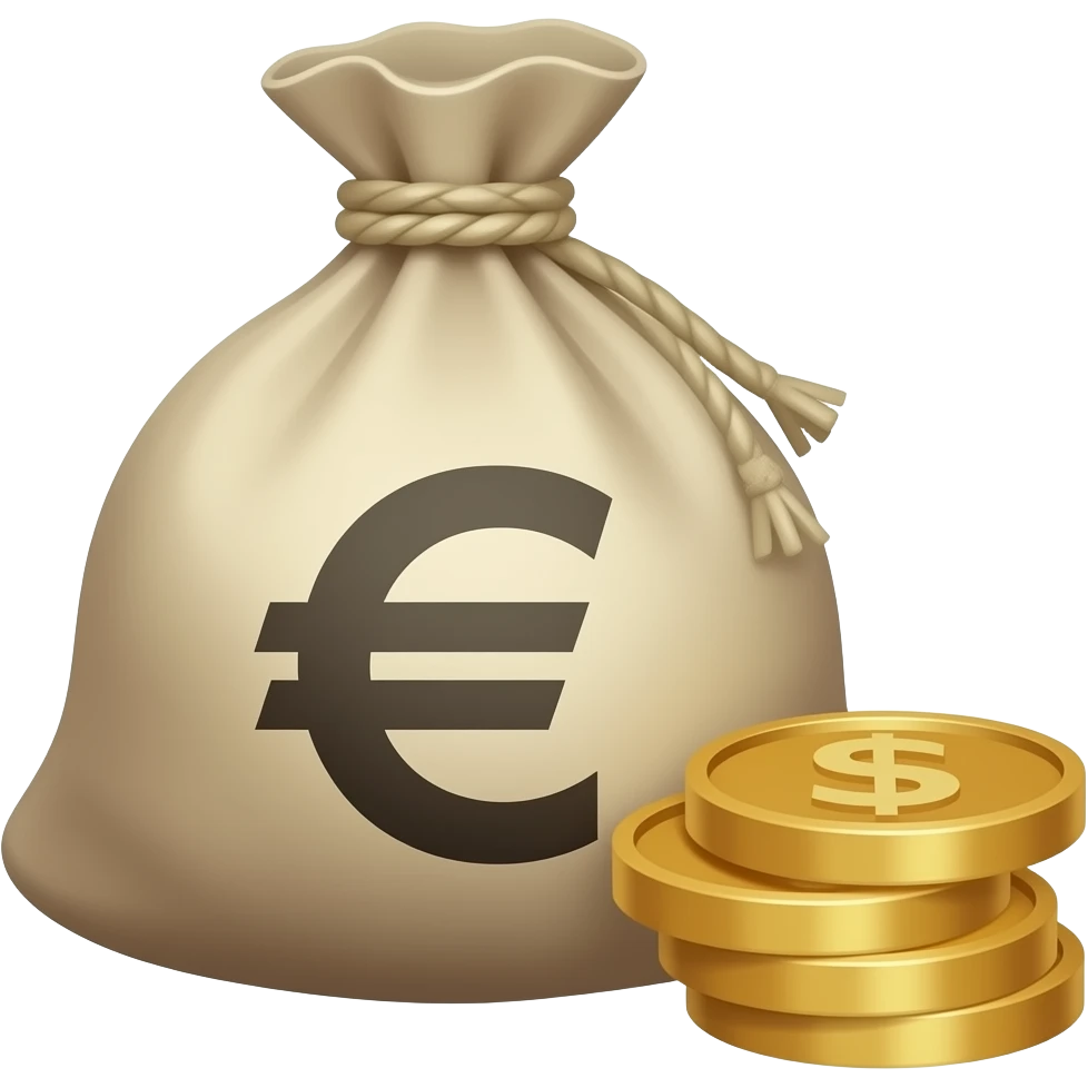 money bag with euro sign and 3 coins on top of each other beside the bag emoji