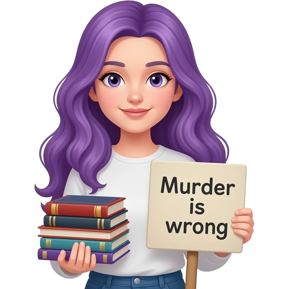 girl with long purple hair with a BOOKS - because MURDER is wrong sign emoji