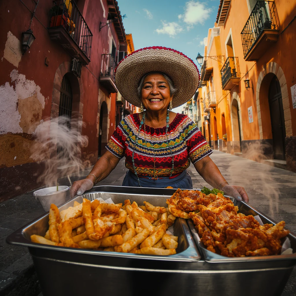 wide-angle photography of an old Mexican lady pushing a food cart, warm and friendly expression, traditional dress, vibrant colors, street vendor, detailed, no text emoji