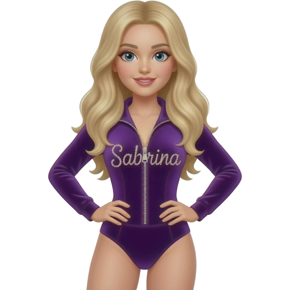 Sabrina carpenter blonde hair performing in a purple velvet bodysuit that has Sabrina written on it in sparkly rhinestones and it has a zipper emoji
