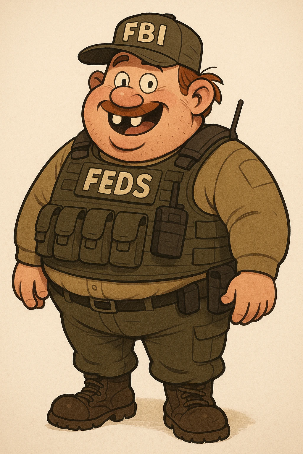 A chubby federal agent in tactical gear, tight vest, with exaggerated buck teeth and a goofy, rural hillbilly vibe, cartoonish style emoji