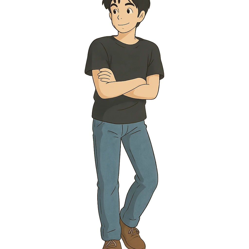 full-body man in casual pose, black hair, wearing jeans and a black t-shirt, ghibli style emoji