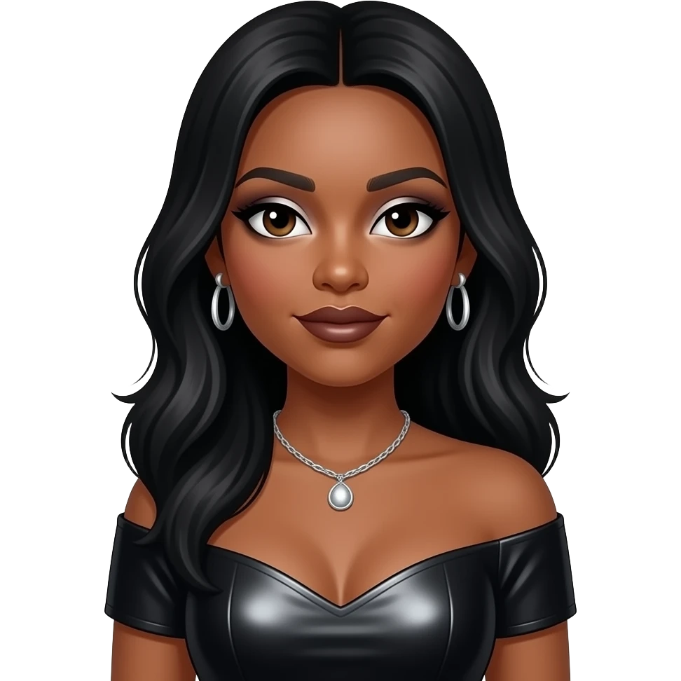 Tanisha Thomas with dark brown eyes, long black hair, silver eyeshadow, dark brown lipstick, black metallic off shoulder dress, silver necklace and earrings emoji