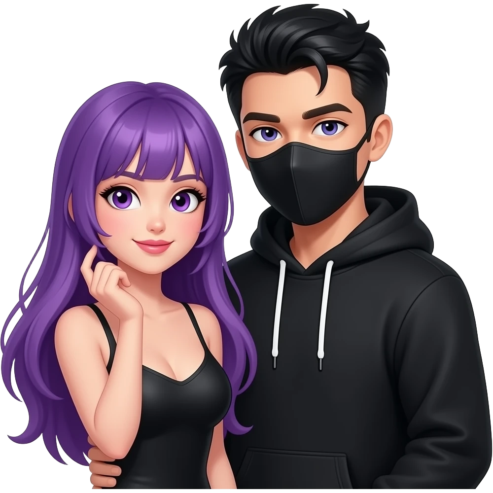 sexy girl with long purple hair and purple is flirting with an blackhaired attractive man in a black hoodie with a black mask emoji