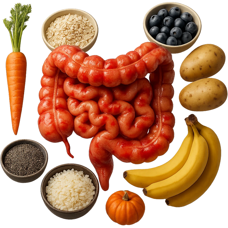 intestino umano anatomico infiammato con carota, bowl di avena, mirtilli, bowl di semi di chia, patate, banane, zucca, bowl di riso che gli fluttuano dietro, iperrealistico 4k emoji
