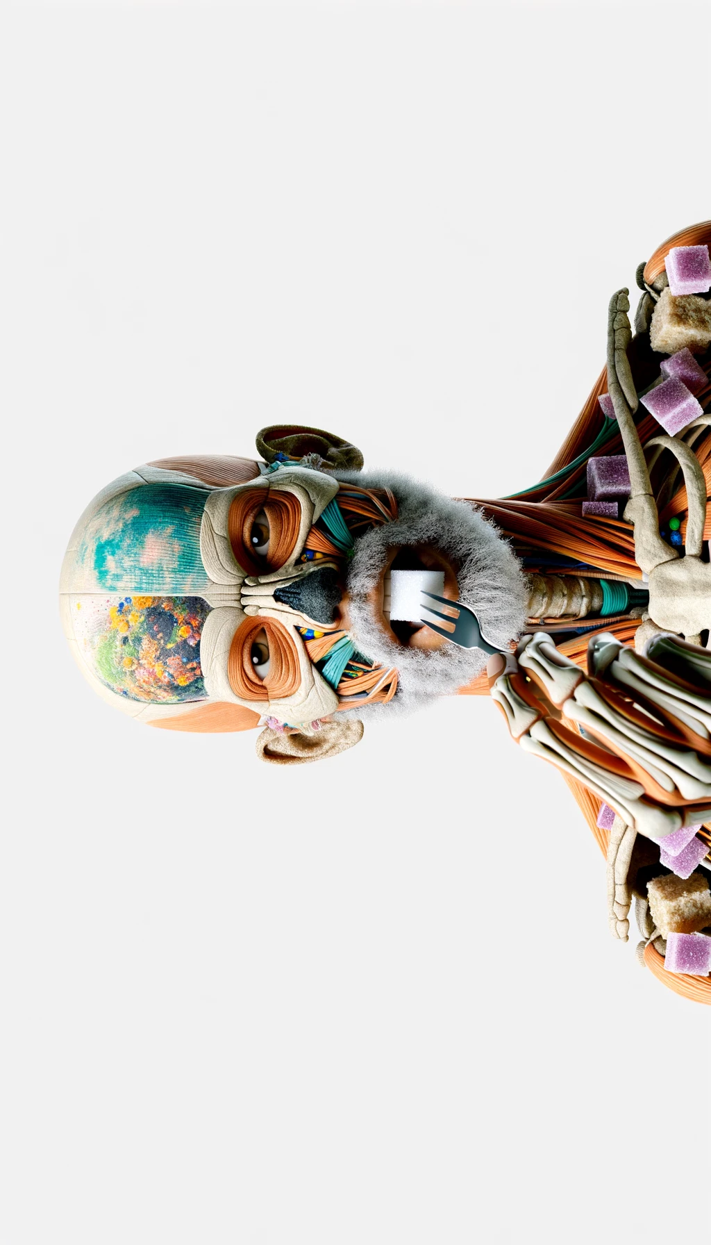 corpo umano anatomico in piedi a figura intera che mangia zollette di zucchero, posa frontale, iperrealistico 4k, isolato su sfondo bianco emoji