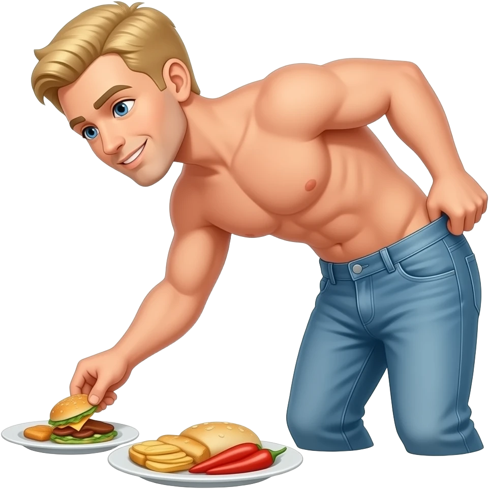 Man naked push pants blonde and pick food. emoji