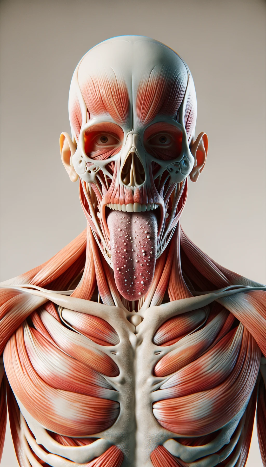 CORPO UMANO ANATOMICO IN PIEDI FRONTALMENTE CHE TIENE LA LINGUA UN PO' FUORI ED è PIENA DI MACCHIE BIANCASTRE, NEUTRAL CLEAR BACKGROUND, COLORI REALISTICI DEI MUSCOLI, iperrealistico 4k emoji