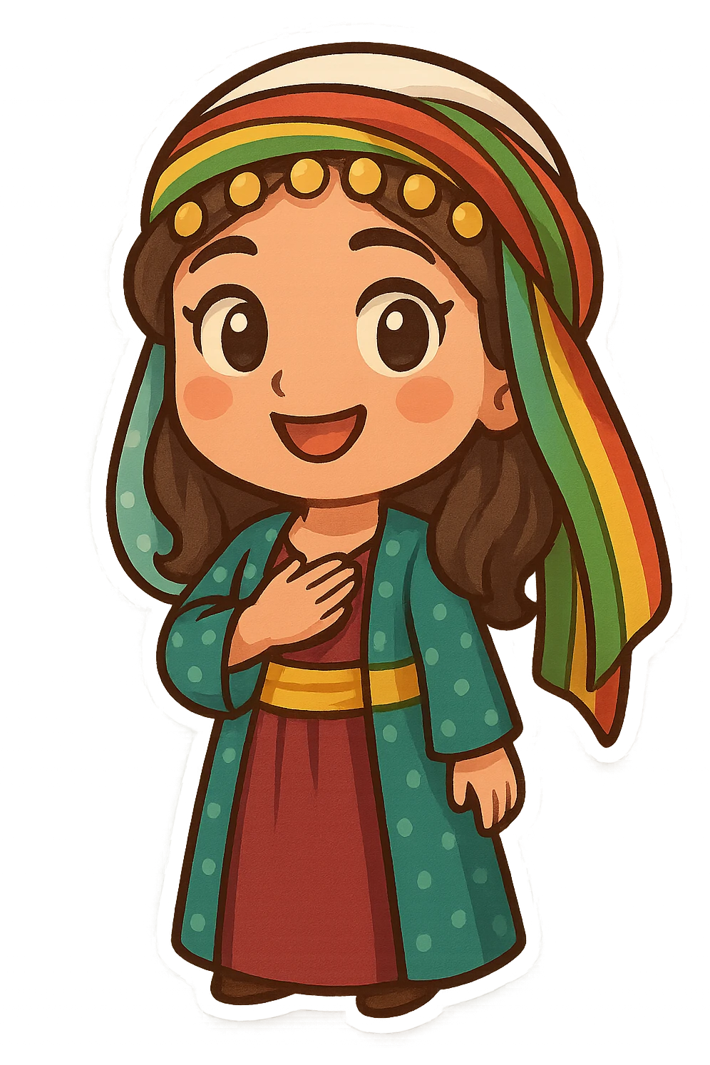 cartoon sticker of a Kurdish woman in traditional female clothing, hand on chest (salute) pose, open smile, colorful and cheerful, no text, suitable for WhatsApp and Instagram emoji