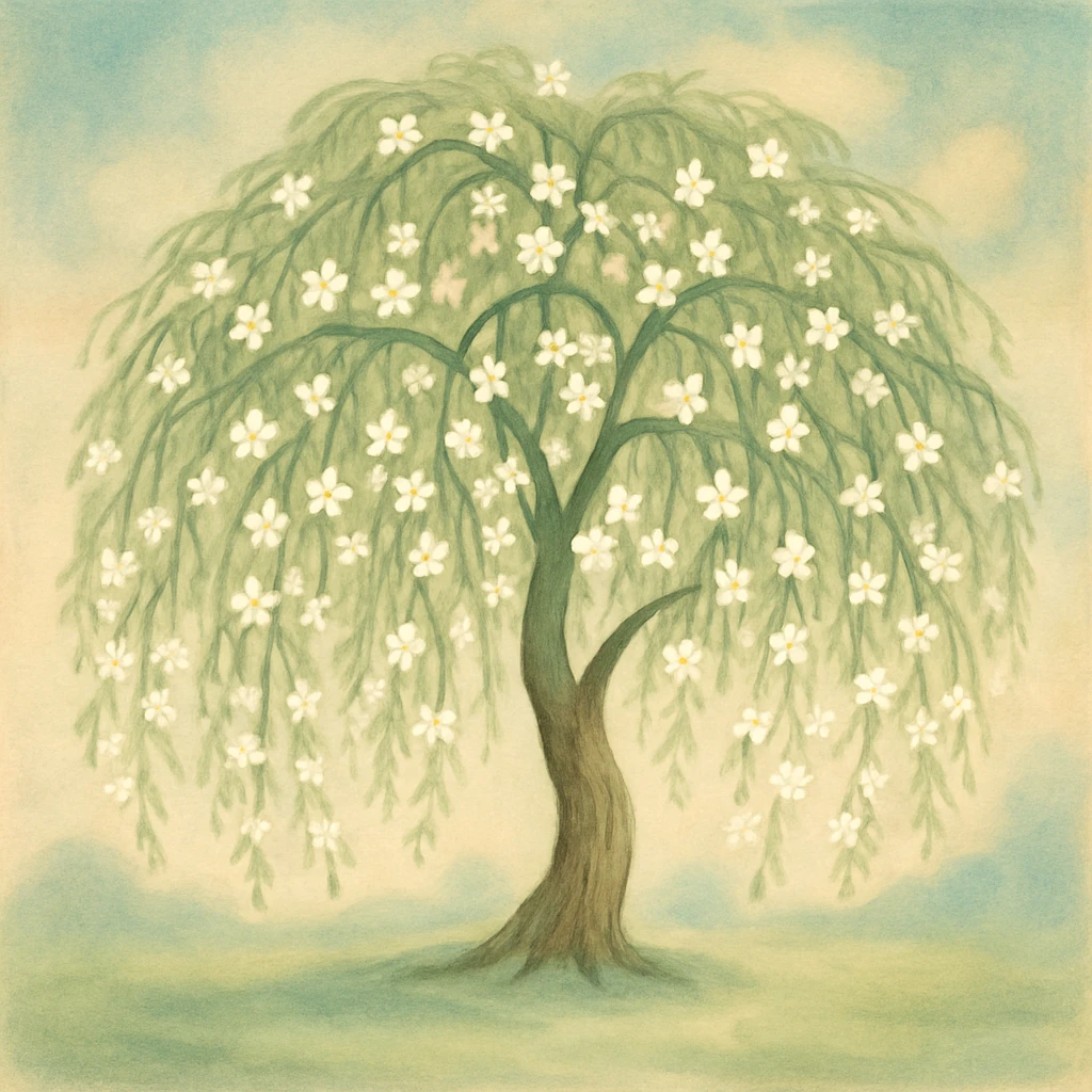 willow tree with white flowers, whimsical, gentle atmosphere emoji