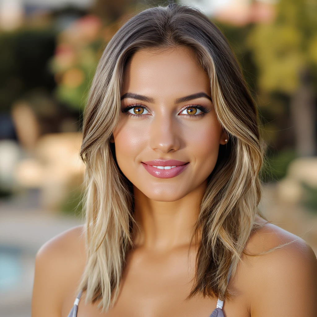 realistic portrait of a brunette woman with neck-length hair, blonde streaks in the front, and brown eyes emoji