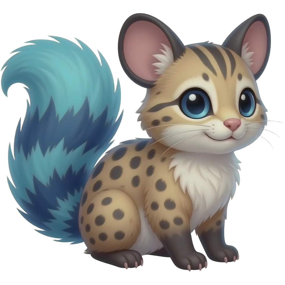 Cyan, dark-cobalt-blue-pointed, soft realistic romantic vintage antique divine beautiful elegant pretty precious cute young youthful Fakémon-Pokémon-opossum-feline-mouse-serval-caracal-chinchilla-Minccino-Cinccino-Meowstic-rodent-hybrid-creature with a big fluffy bushy tail (full body) emoji