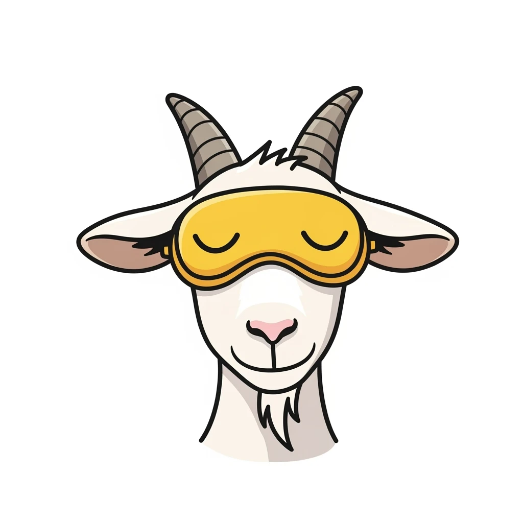 a goat with yellow sleep mask, front view,  Frontal Top-Down Soft Light, white background, portrait, casual cartoon stylized style art emoji